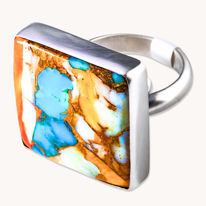 Spiny Oyster & Turquoise Composite Adjustable Ring in sterling silver with a colorful square stone setting.