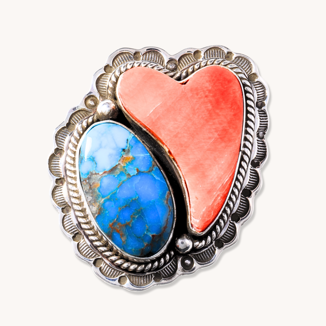 Turquoise and Spiny Oyster Heart Ring