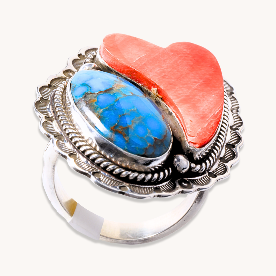 Turquoise and Spiny Oyster Heart Ring
