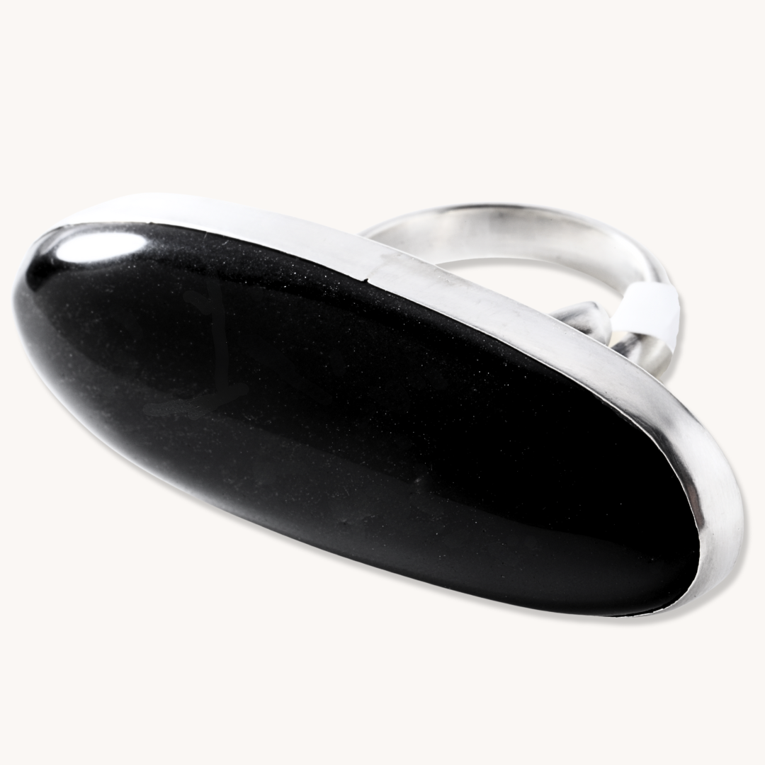 Sideways-Set Silver-Sheen Obsidian Adjustable Ring