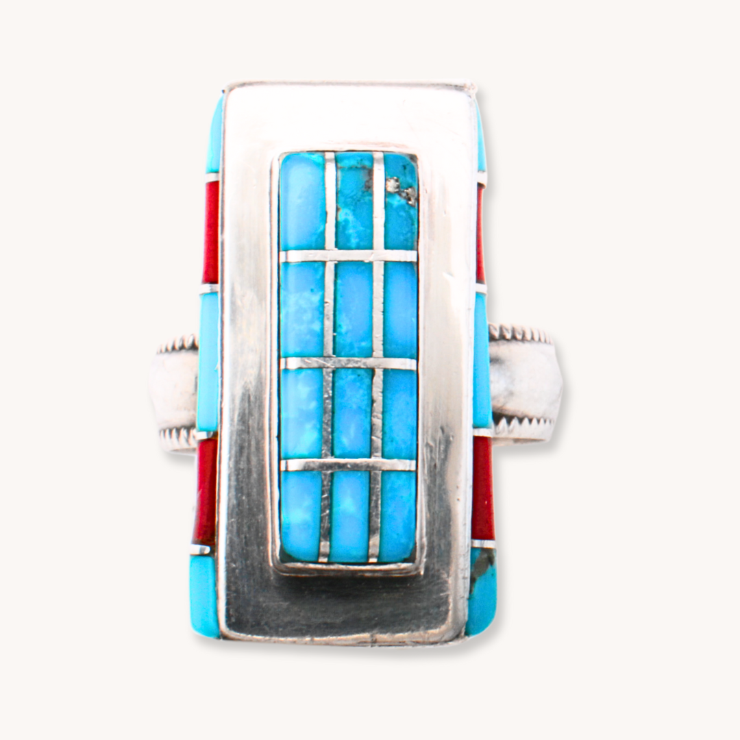 T.Skies Turquoise and Coral Inlay Ring featuring a rectangular design with vibrant turquoise and red coral inlays.