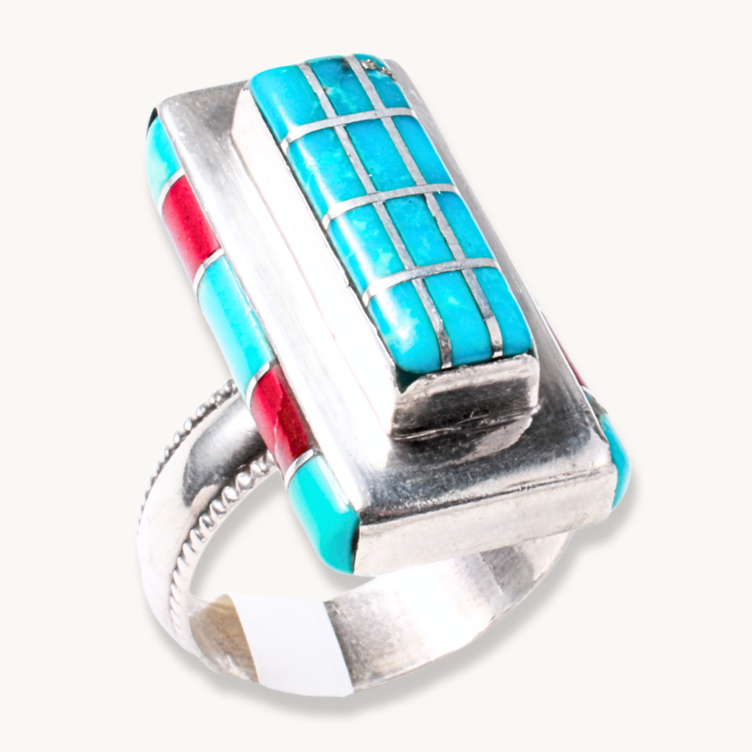 T.Skies Turquoise and Coral Inlay Ring, featuring a rectangular turquoise and coral inlay set in sterling silver.