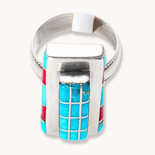 T.Skies Turquoise and Coral Inlay Ring, featuring a bold design with turquoise and coral stones set in sterling silver.