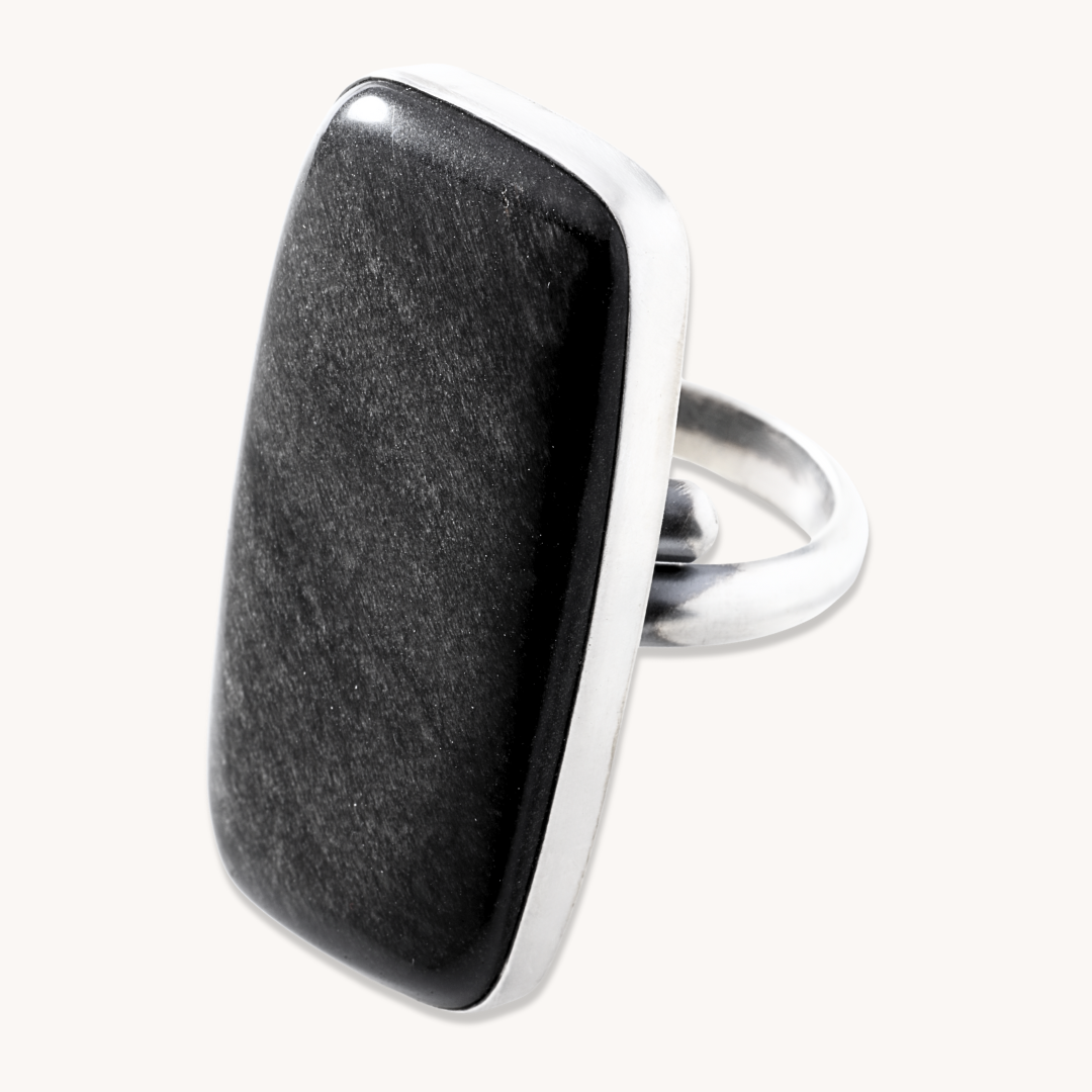 Rectangular Silver-Sheen Obsidian Adjustable Ring