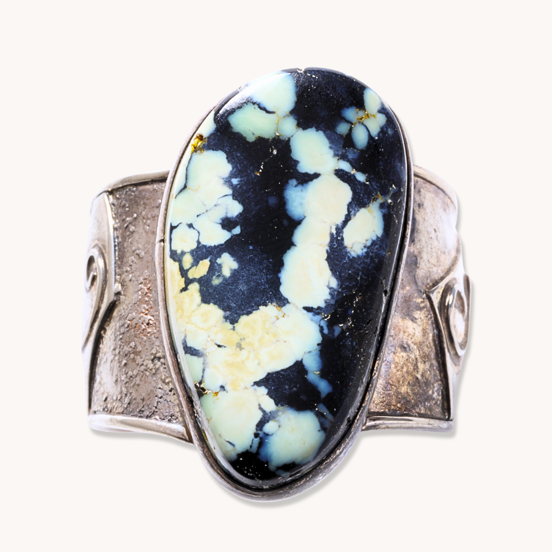 Wide-Band Variscite Ring in sterling silver featuring a large, colorful variscite stone with black and yellow patterns.