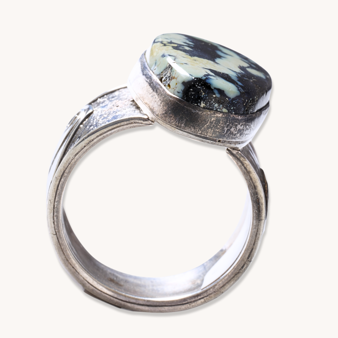 Wide-Band Variscite Ring in sterling silver featuring a unique, polished variscite stone with earthy tones.