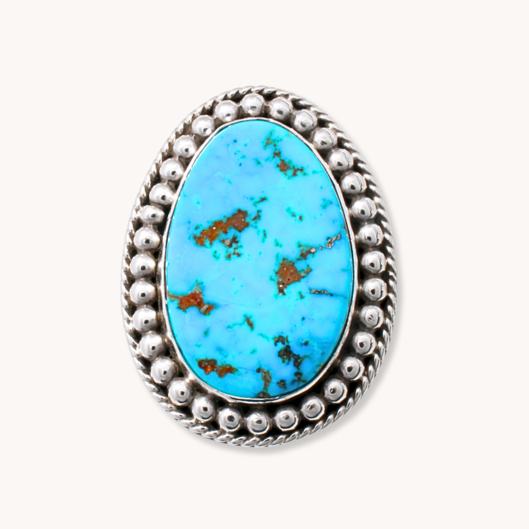 Turquoise Ring with Silver Bead-Wire Border