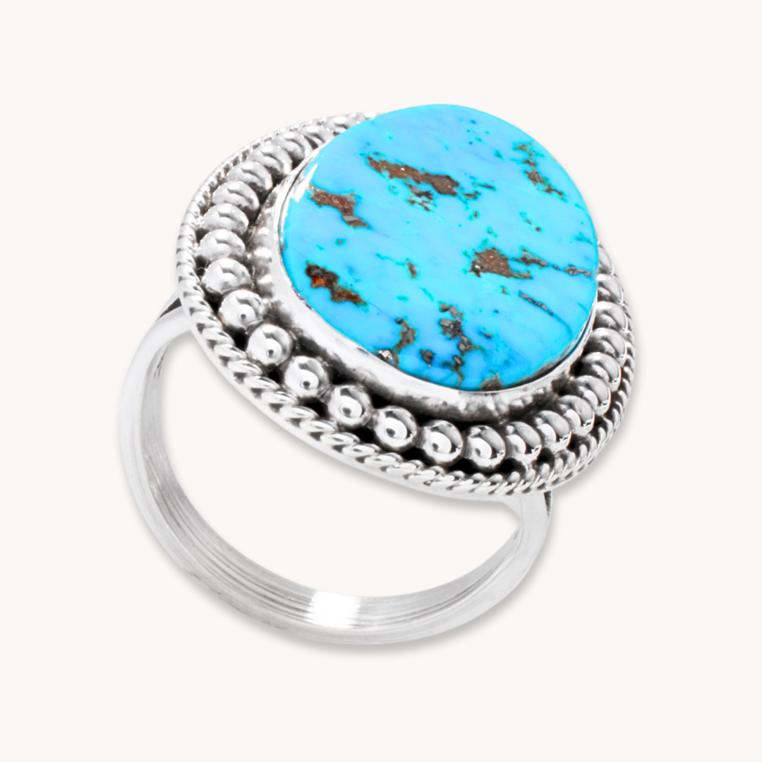 Turquoise Ring with Silver Bead-Wire Border