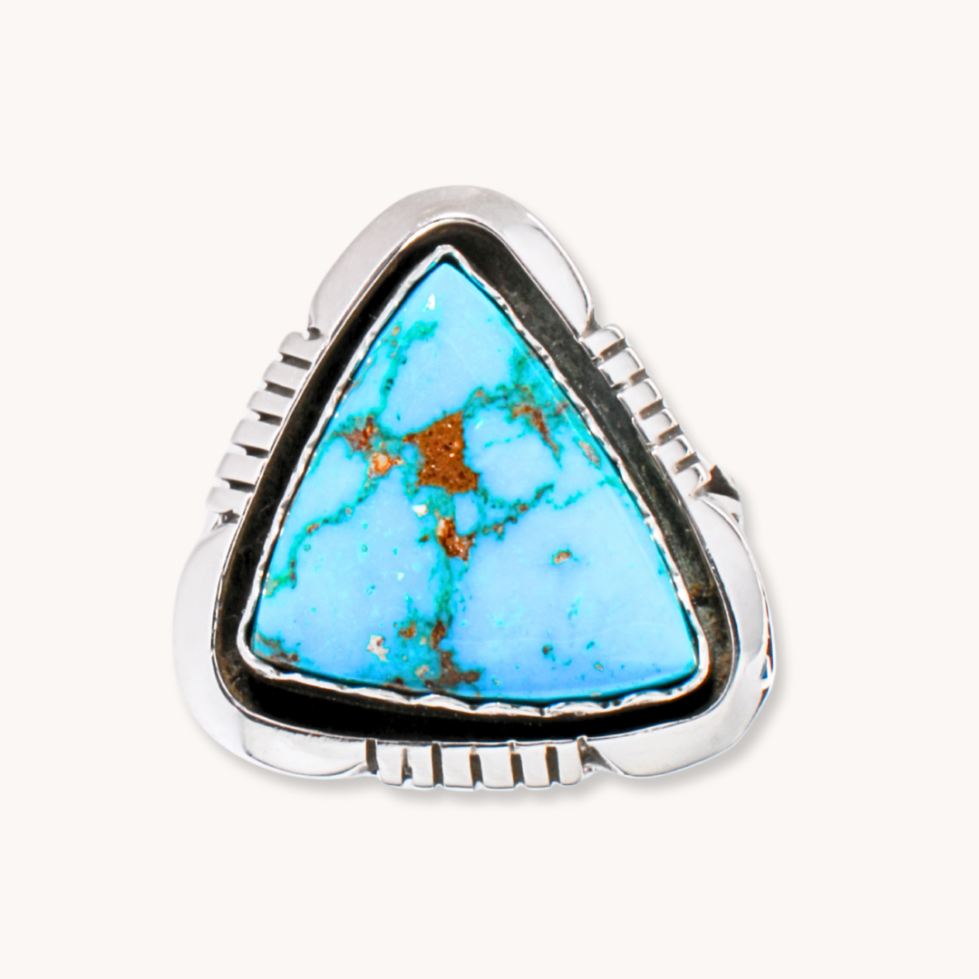 Triangle Turquoise Ring with File-Work Border, crafted in sterling silver by T.Skies, showcasing vibrant blue hues.