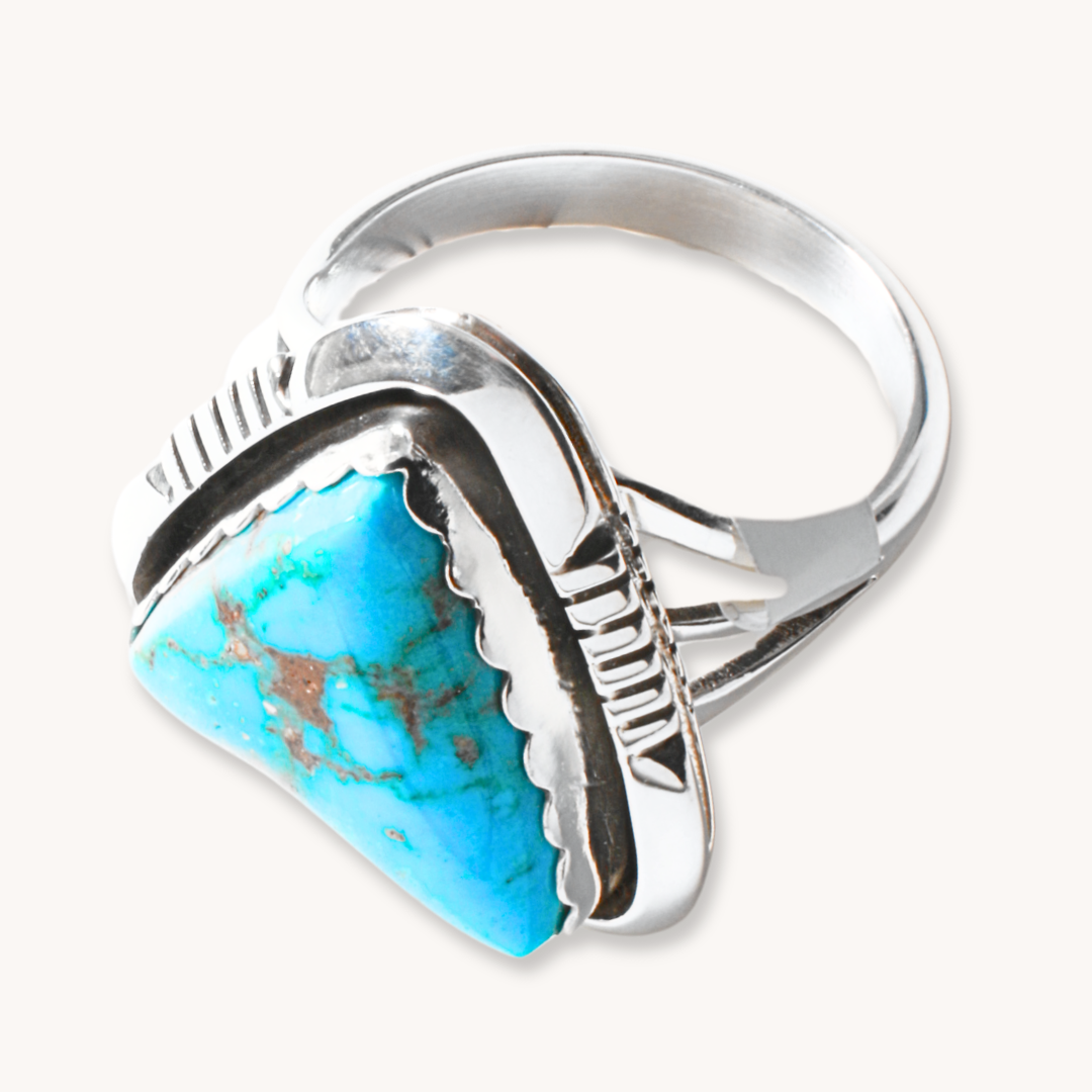 Triangle Turquoise Ring with File-Work Border