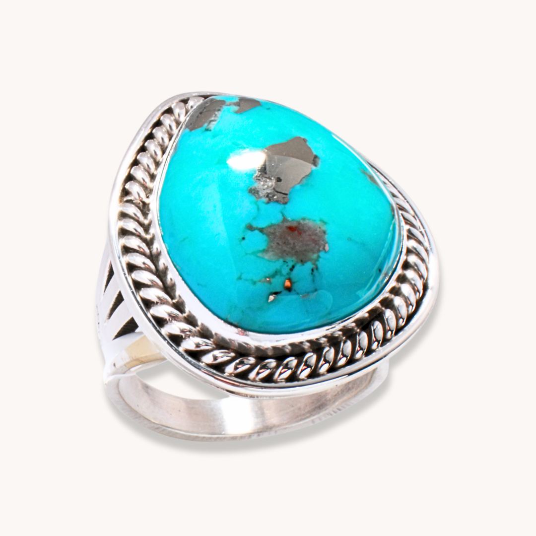 Classic Turquoise Ring with Twist Wire Border