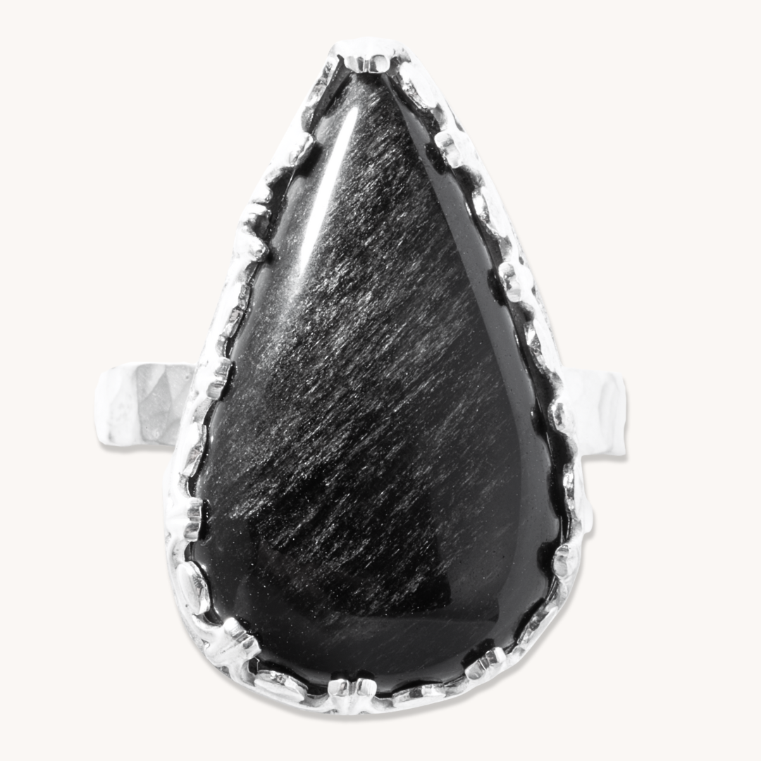 Silver Sheen Obsidian Ring with Fancy Bezel