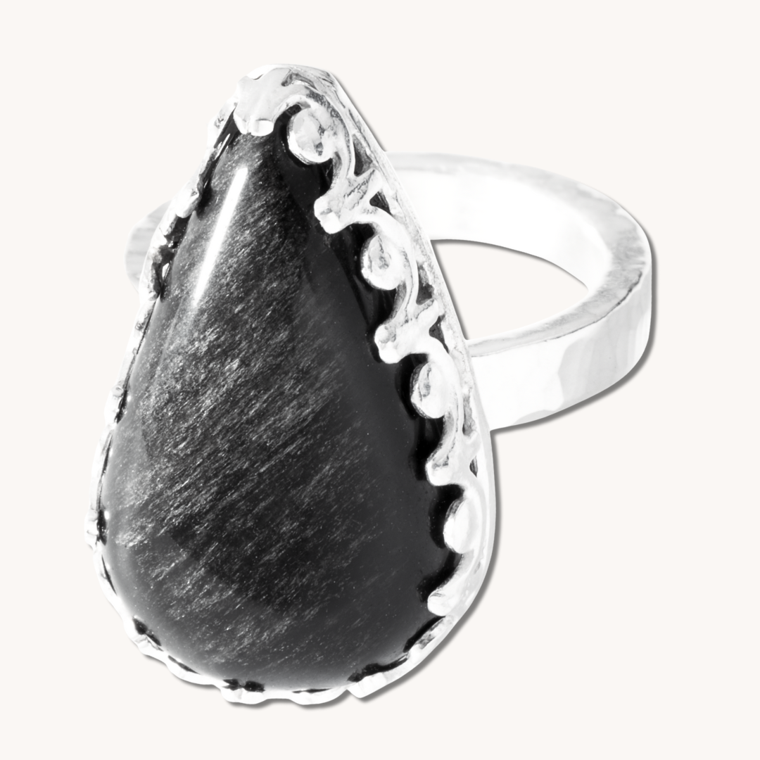 Silver Sheen Obsidian Ring with Fancy Bezel