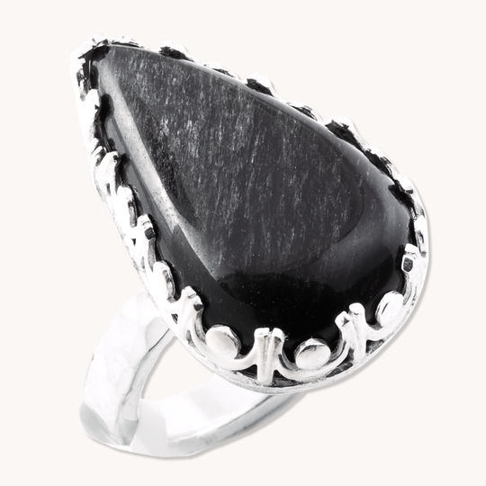 Silver Sheen Obsidian Ring with Fancy Bezel