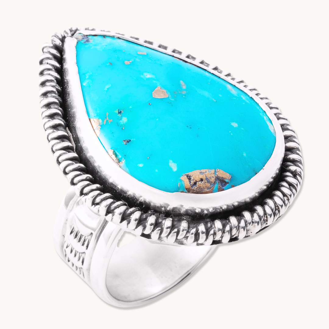 Turquoise Ring with Braided Border and Hand-Stamped Band