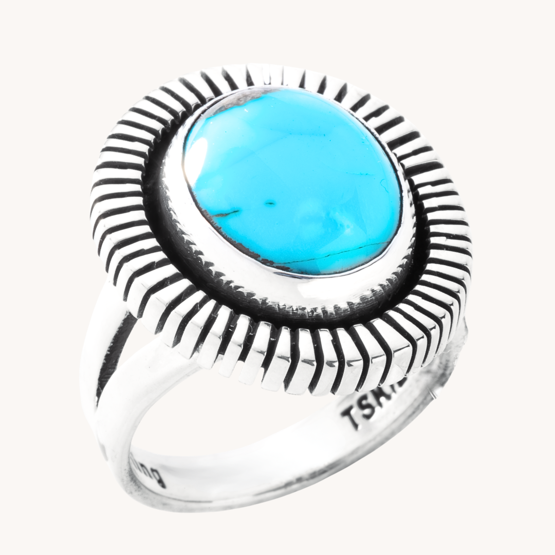 Turquoise Rings with Saw-Work Border