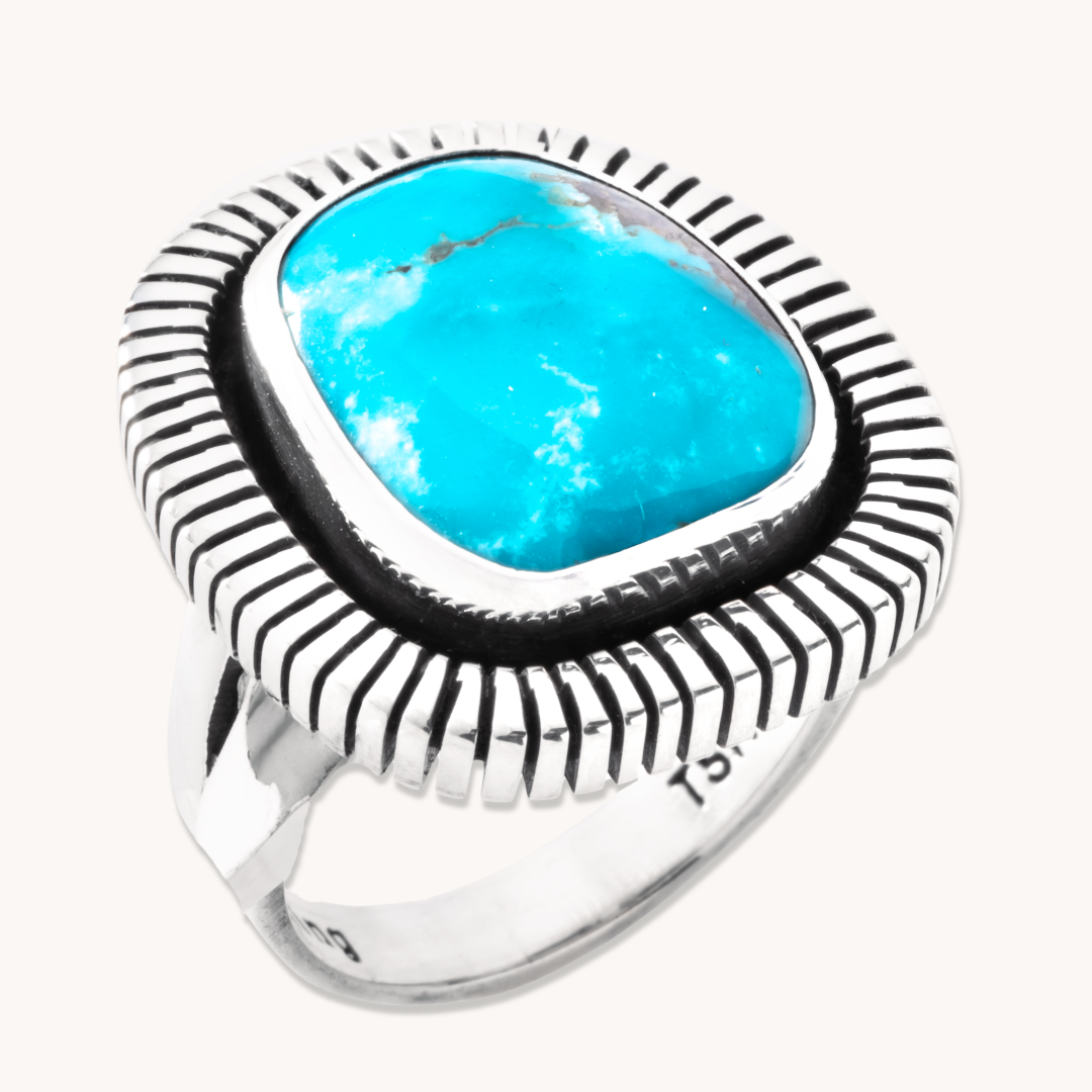 Turquoise Rings with Saw-Work Border
