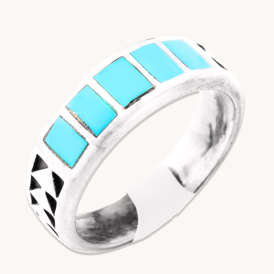 Turquoise Inlay Ring with Patterned Band