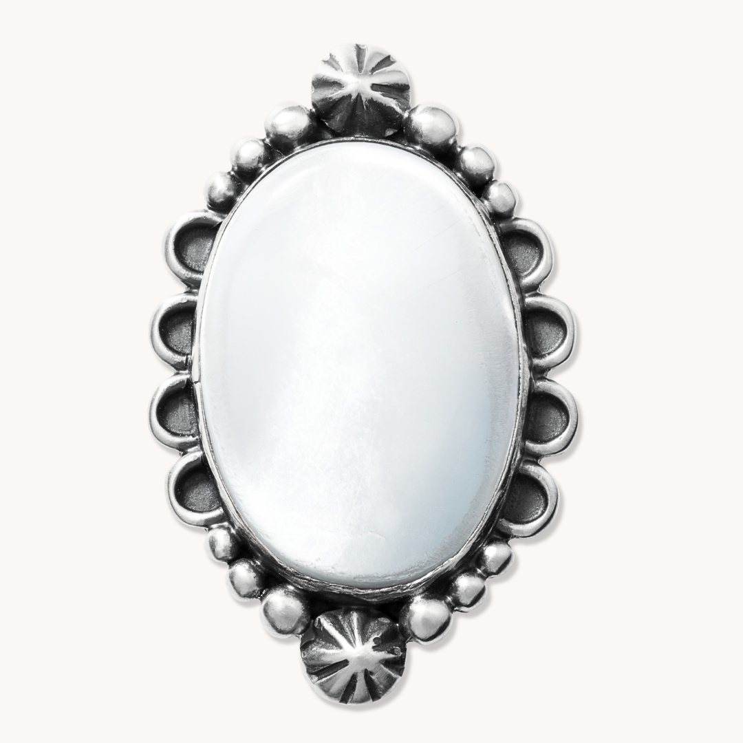 T.Skies Mother of Pearl Ring with Silver Bead Accents, featuring an oval mother of pearl centerpiece and intricate silver detailing.