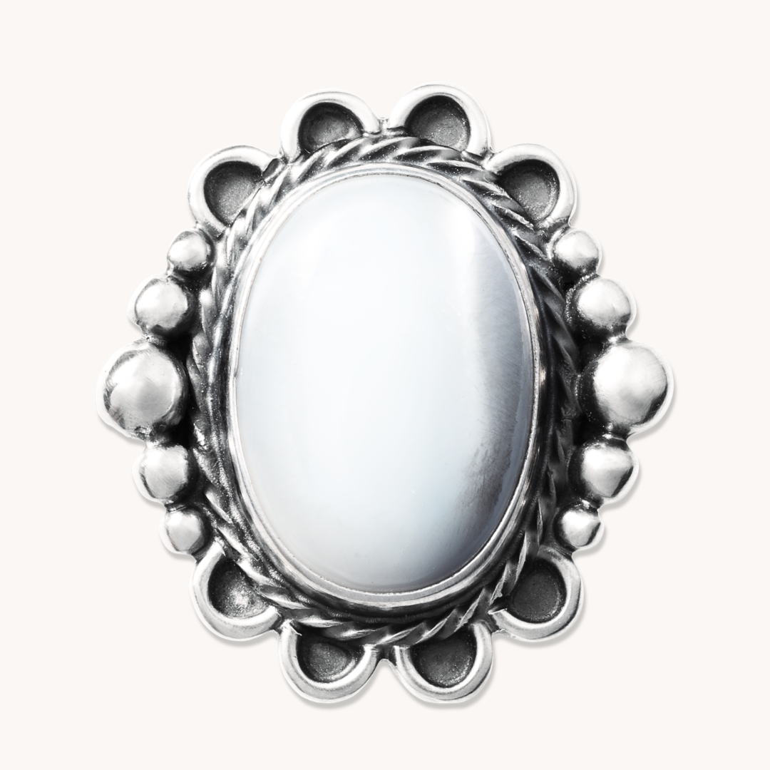 Delicate Mother of Pearl Ring with Silver Bead Accents by T.Skies, showcasing intricate sterling silver detailing.