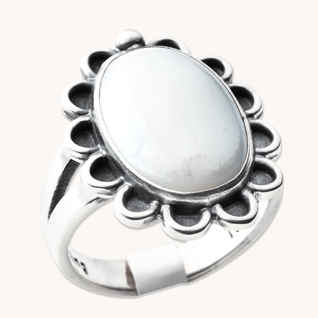 Delicate Mother of Pearl Ring with Silver Bead Accent