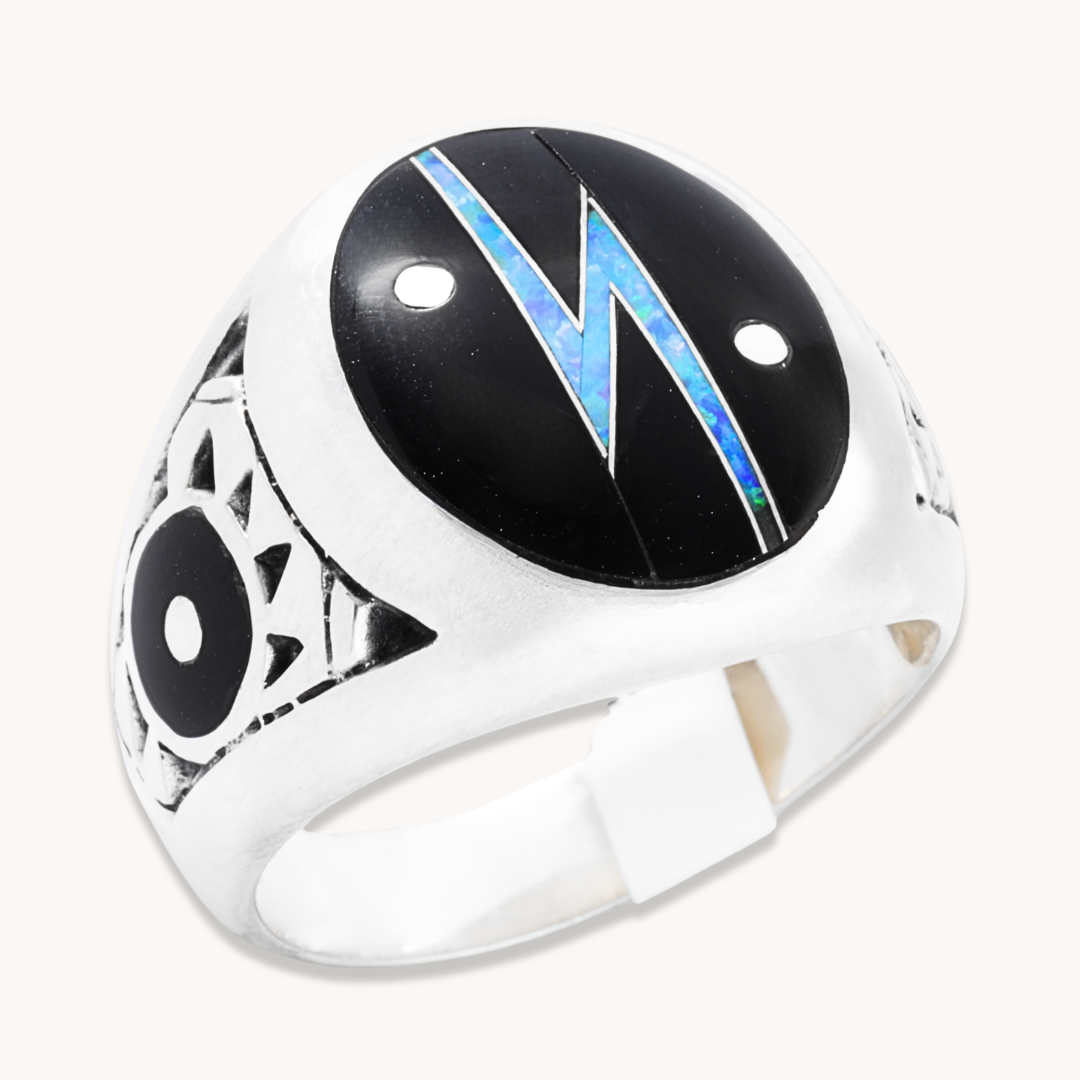 Onyx and Opal Channel Inlay Signet Ring