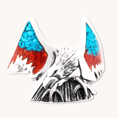 Turquoise and Coral Thunderbird Chip Inlay Ring — hand-stamped sterling silver