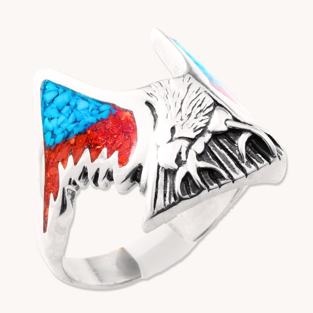 Turquoise and Coral Thunderbird Chip Inlay Ring