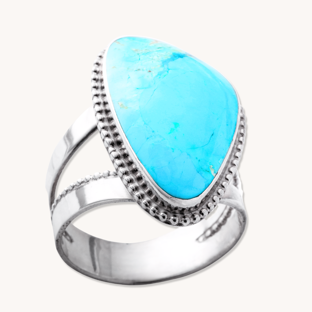 Turquoise 2-Shank Ring with Silver Bead Accents