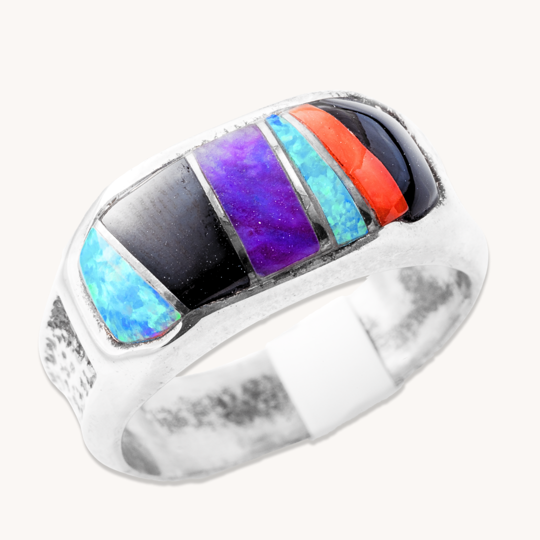 Onyx, Opal, and Charoite Inlay Ring