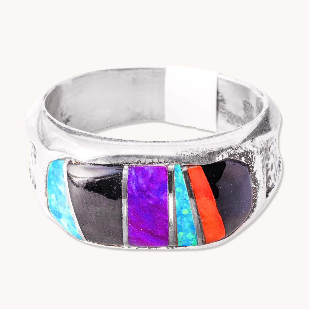Onyx, Opal, and Charoite Inlay Ring