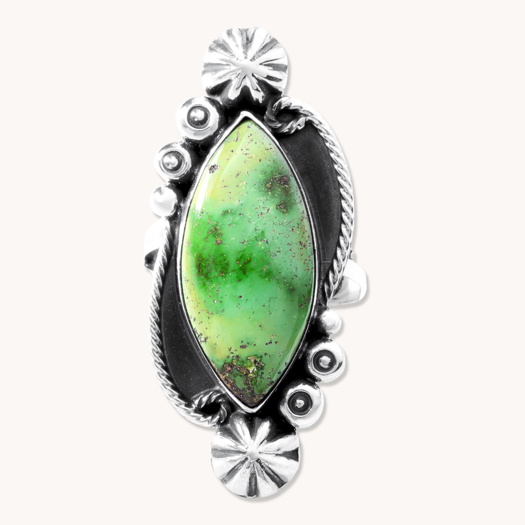 Green Turquoise Ring with Silverwork Accents