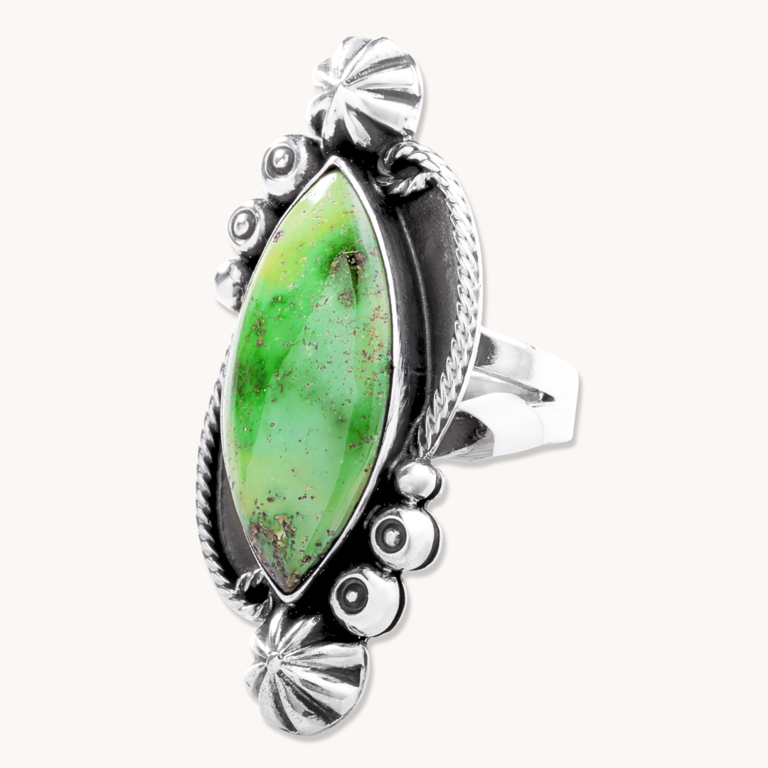 Green Turquoise Ring with Silverwork Accents