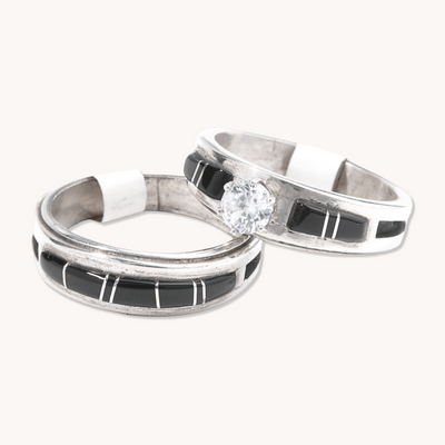 Onyx Inlay Engagement Ring Set