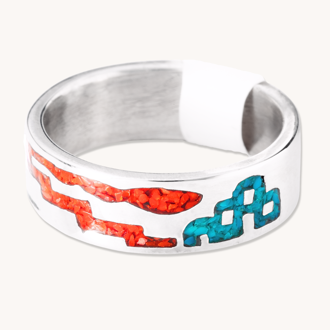 Turquoise & Coral Storyteller Chip Inlay Ring