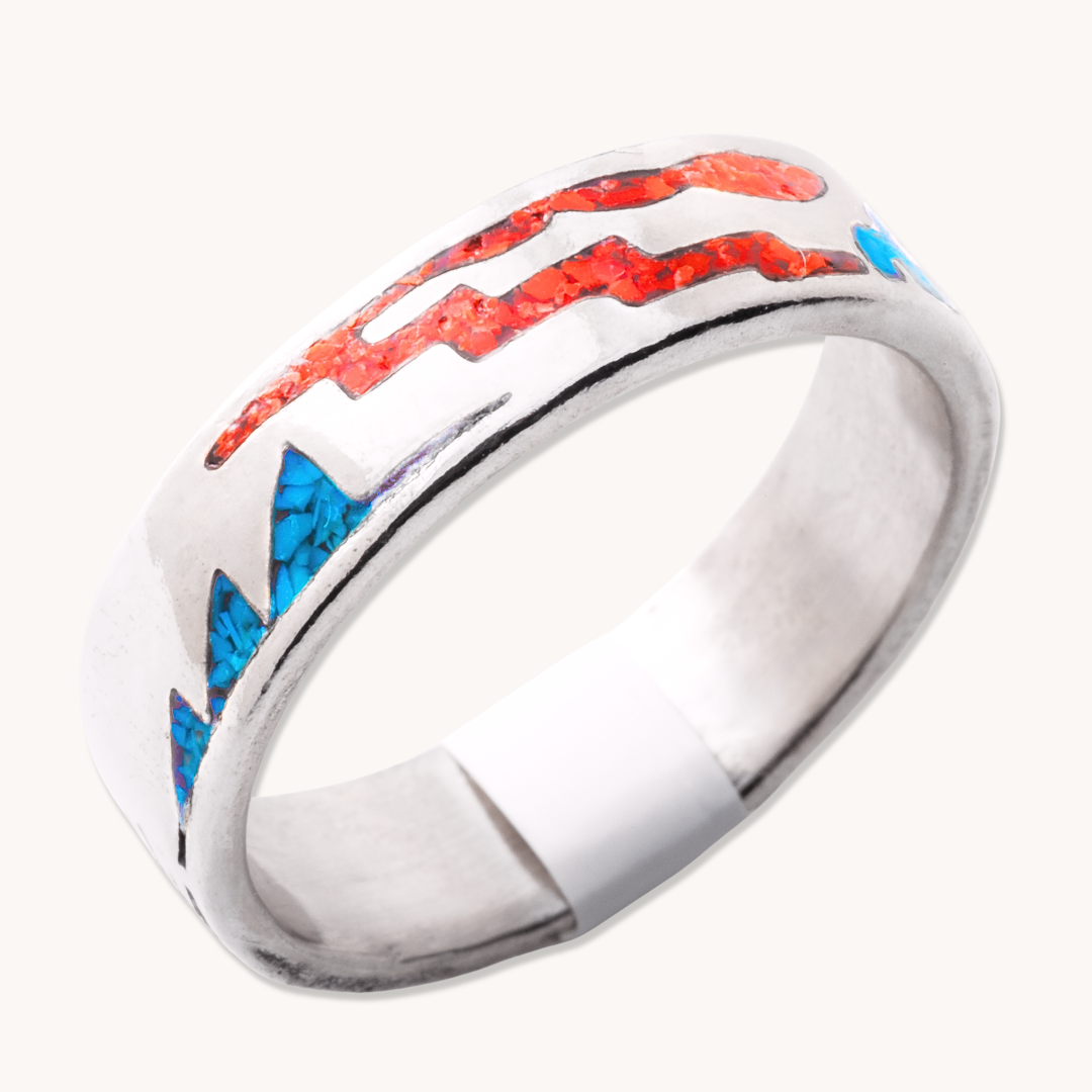 Turquoise & Coral Storyteller Chip Inlay Ring