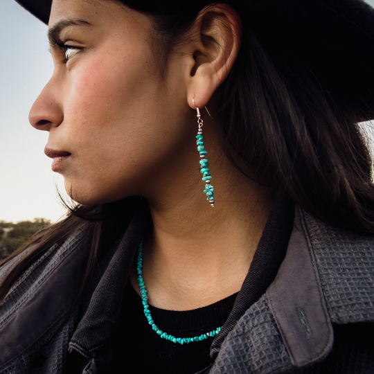 Bead Maiden: Turquoise Rainfall Beads Necklace, made of sterling silver and turquoise beads, worn by a model.