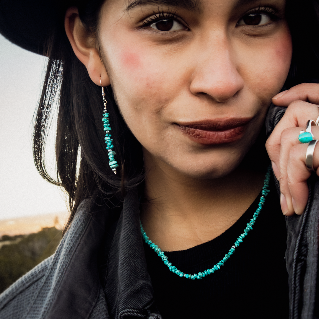 Bead Maiden: Turquoise Rainfall Beads Necklace made of sterling silver and turquoise beads, worn by a model.