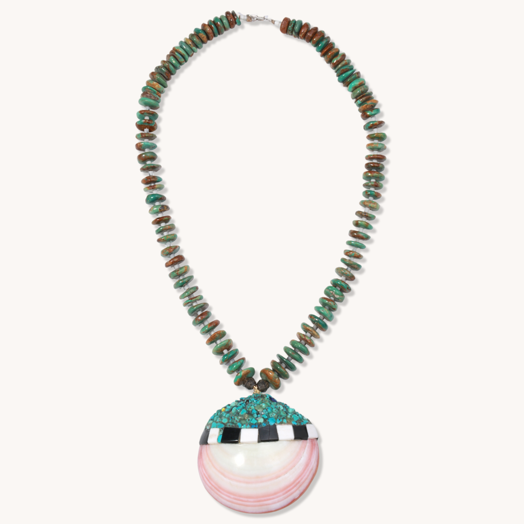 Turquoise Disc Beads Necklace with Shell Pendant