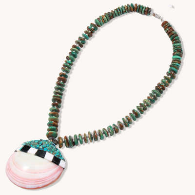Turquoise Disc Beads Necklace with Shell Pendant