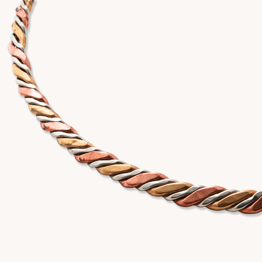 Copper, Brass, and Silver Braided Bar Choker Necklace