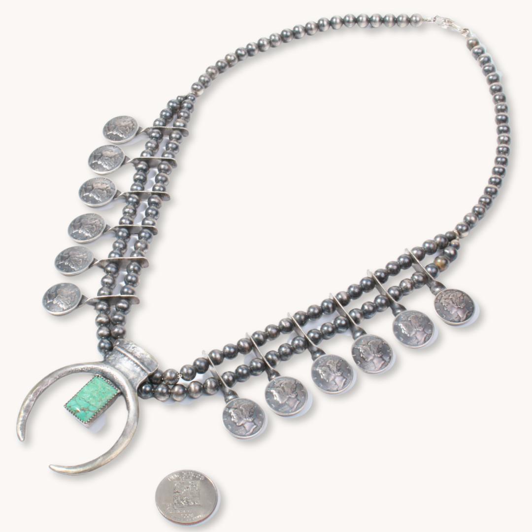 Turquoise Squash Blossom Necklace with US Coins