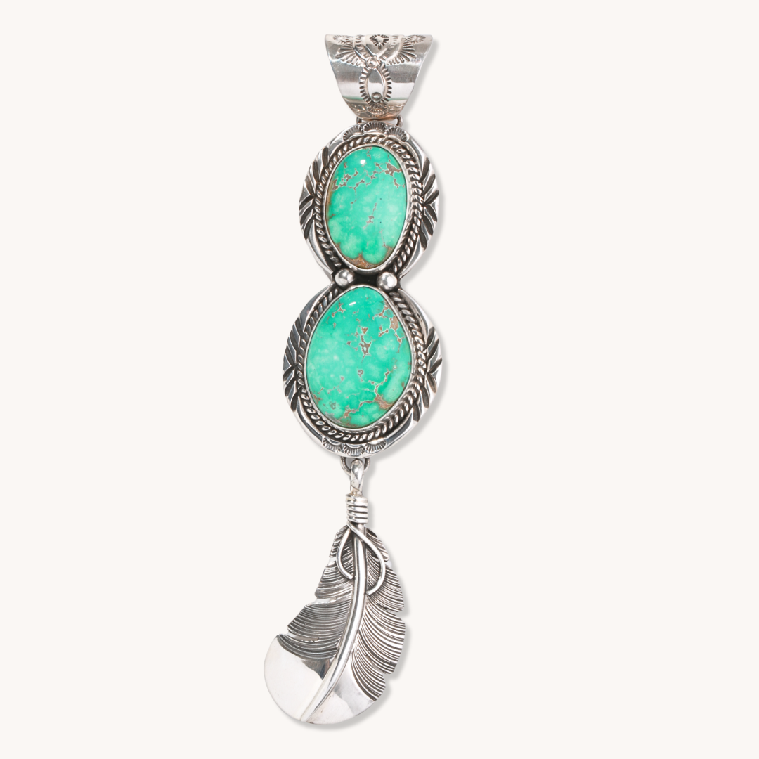 2-Stone Turquoise Pendant with Feather Dangle