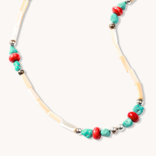 Beaded Necklace with Turquoise & Coral Accents