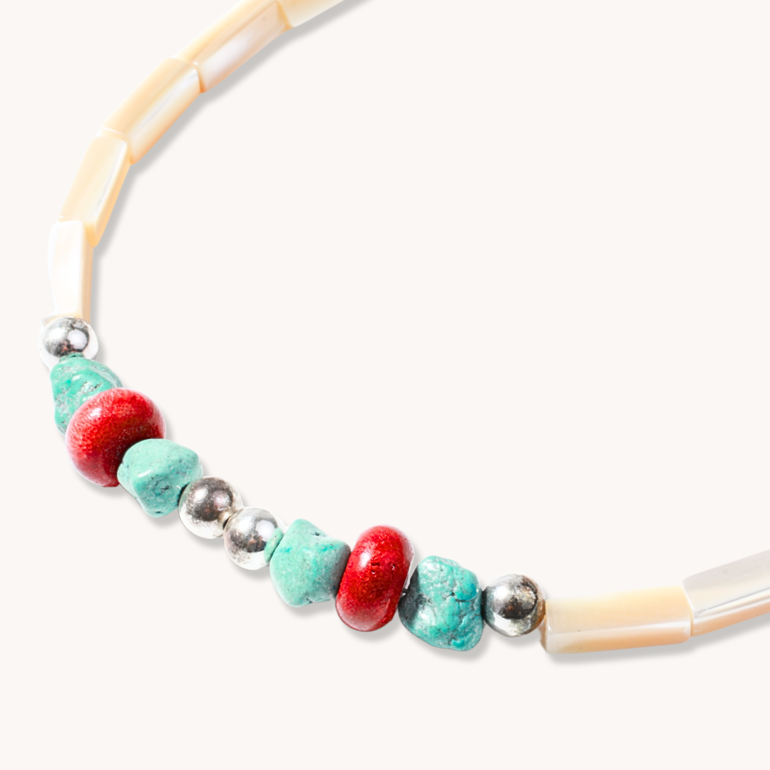 Beaded Necklace with Turquoise & Coral Accents