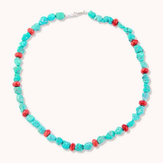 Turquoise Nugget and Coral Rondelle Beads Necklace