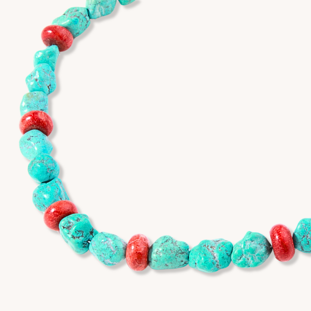 Turquoise Nugget and Coral Rondelle Beads Necklace