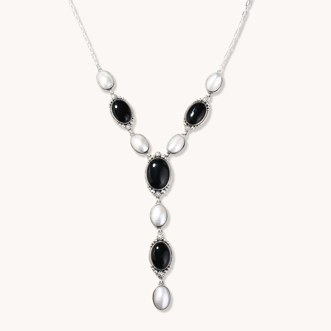 Onyx and Mother of Pearl Y Necklace & Earrings Set