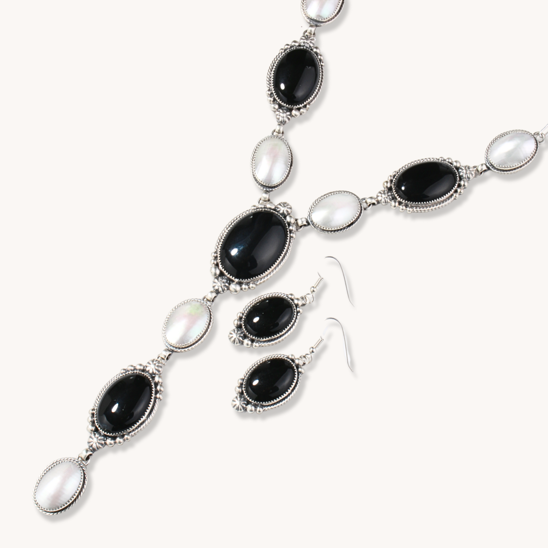 Onyx and Mother of Pearl Y Necklace & Earrings Set