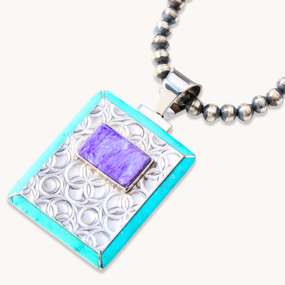 Patterned Turquoise and Charoite Pendant